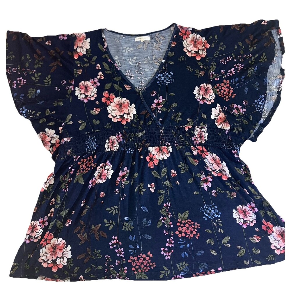 Maurice’s Navy Blue Flutter Sleeve V-neck Floral Tunic Plus Size 1